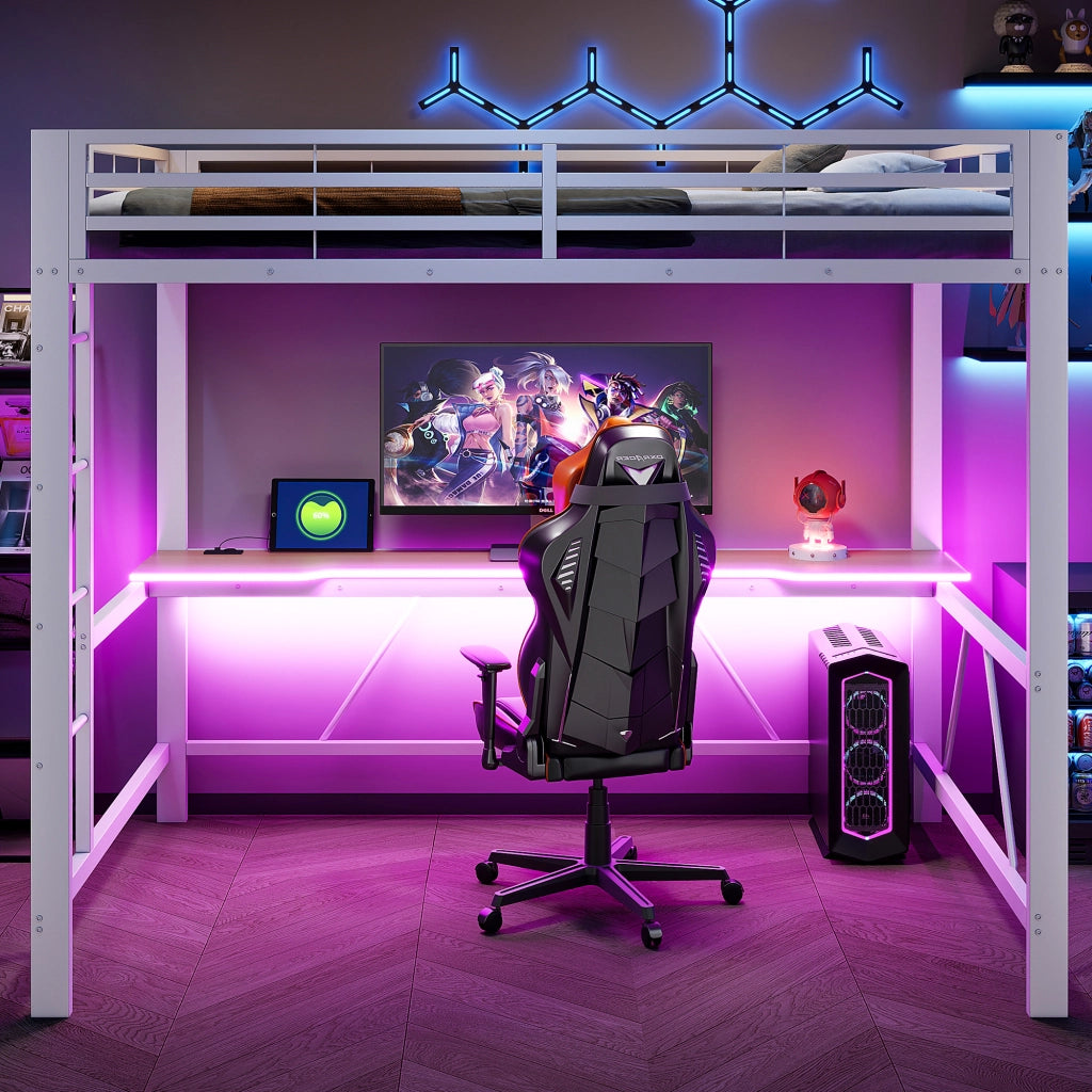 Letto a soppalco 140 × 200 cm con scrivania, LED e USB, senza materasso, metallo e MDF, bianco