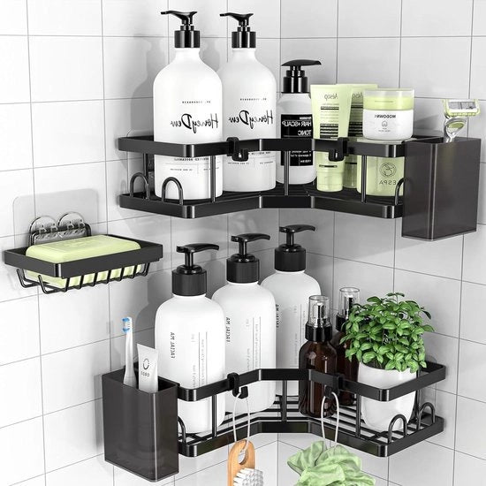 Set di 3 contenitori per bagno in acciaio inox inossidabile - con contenitore per sapone, ganci e contenitori per pasta da denti - nero