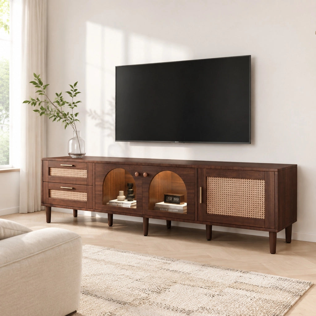 Mobile TV marrone 180 cm con LED, ante in vetro e rattan