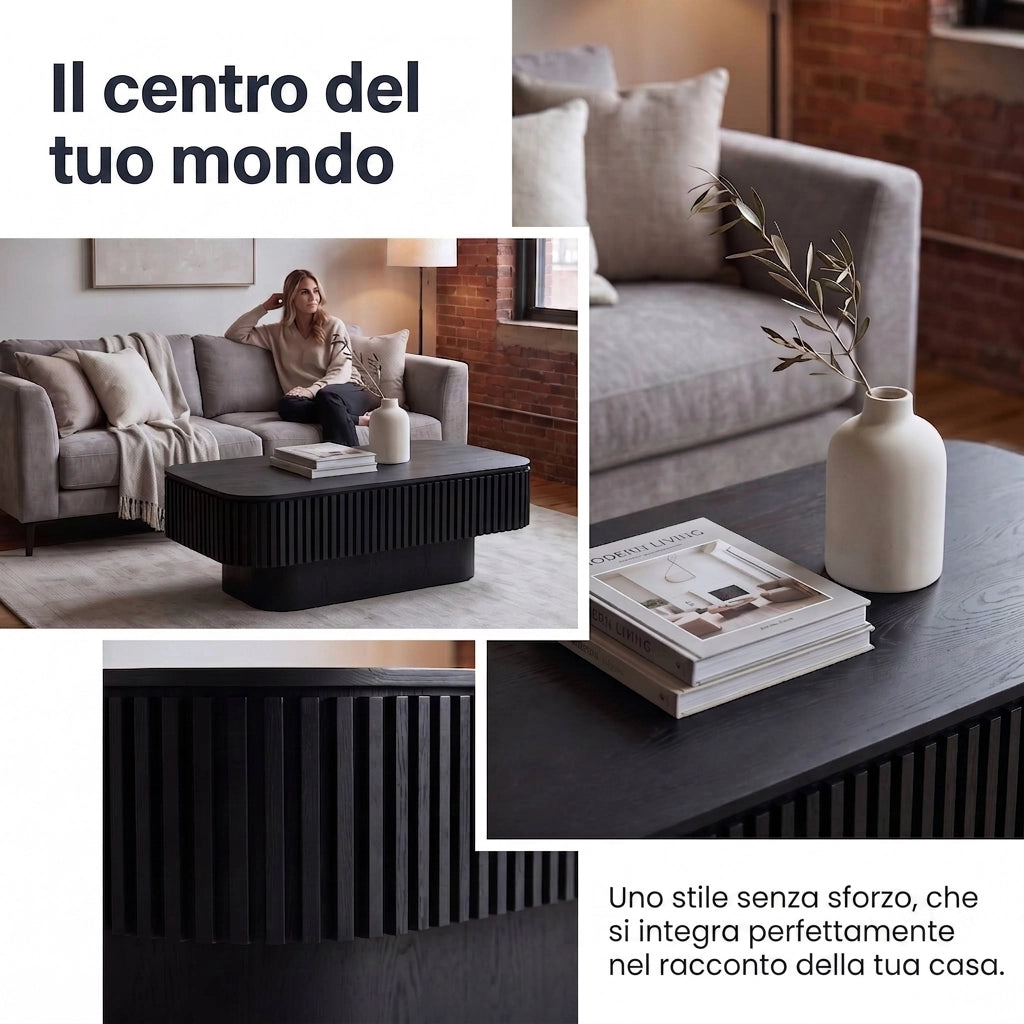 Tavolino da salotto 98 cm; coffee table with hidden storage e coperchio rimovibile; MDF e legno; nero
