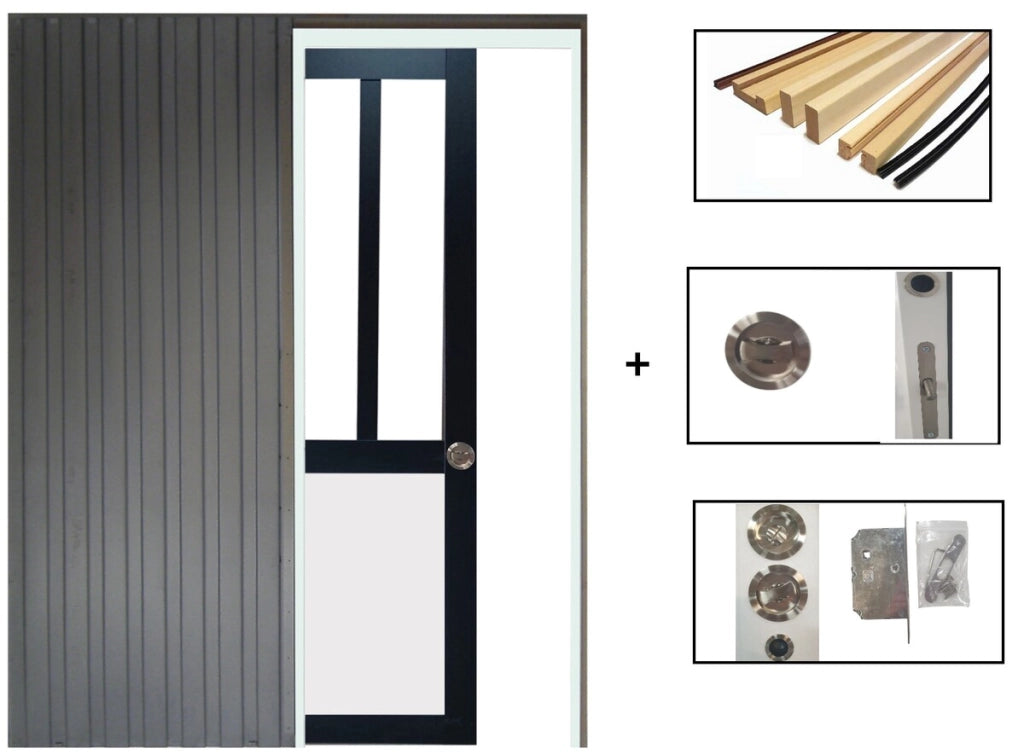 Porta Scorrevole Workshop Nera e pannelli Vitree bianchi H204 x L83 + Sistema Pocket e kit di finitura inclusi