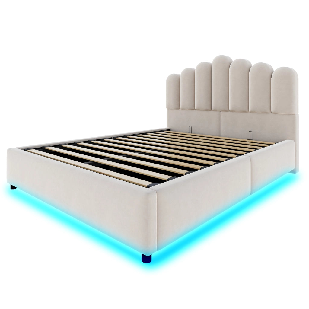 Letto imbottito 140x200 cm con contenitore idraulico, testiera imbottita, LED e rete a doghe, in velluto beige