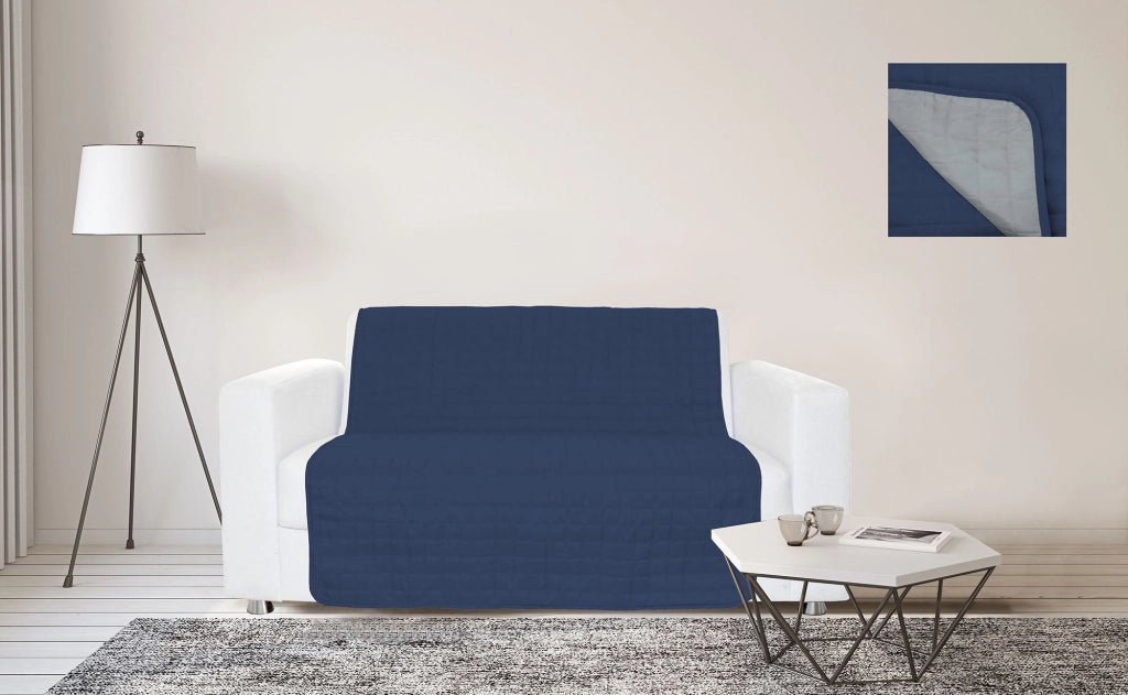 Copridivano a Fascia 3 Posti 175x190 cm in Microfibra Doubleface Blu Scuro/Grigio Chiaro