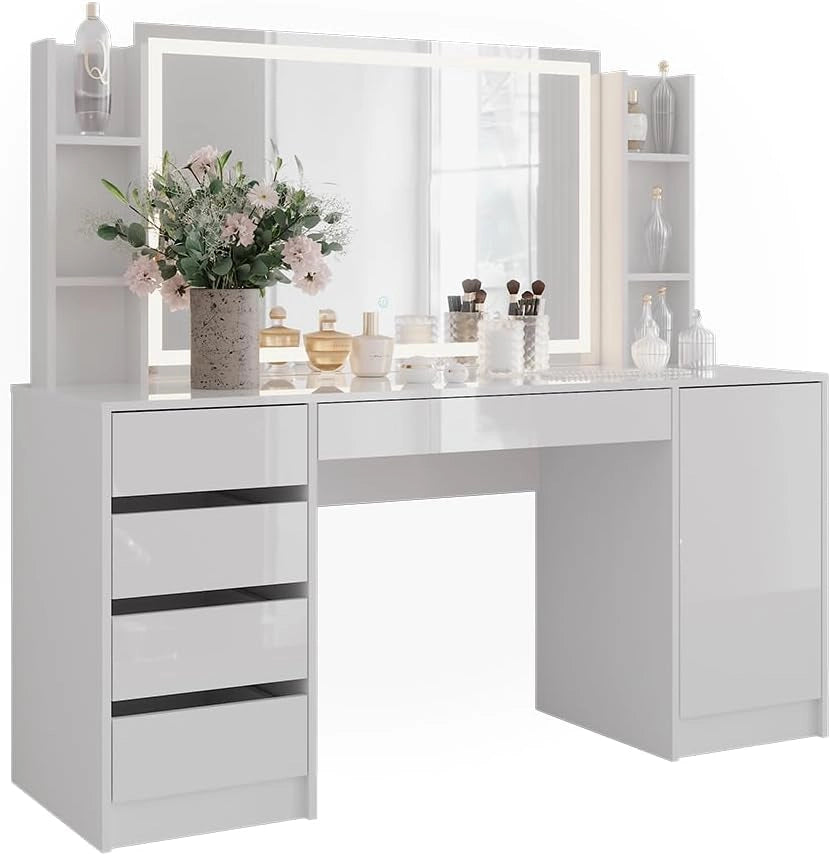 Tavolo da toeletta Sherry, Bianco/bianco lucido, 158.2 cm 4 parti