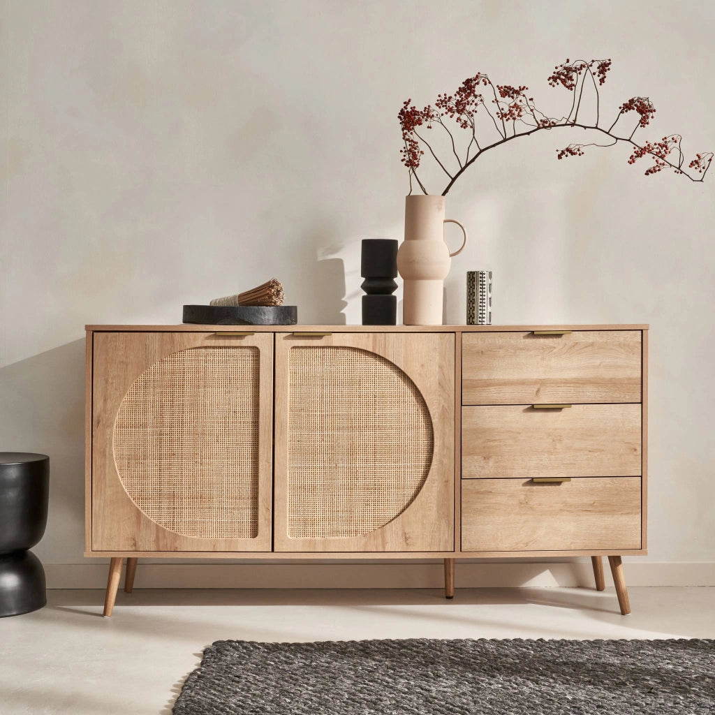 Credenza in legno e canna a 2 ante e 3 cassetti, 150cm, marrone