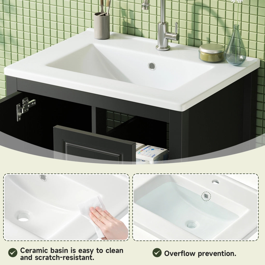 Mobile sottolavabo da bagno con lavabo in ceramica, 1 porta e 3 cassetti, in MDF laccato, nero, 62 × 47 × 90 cm
