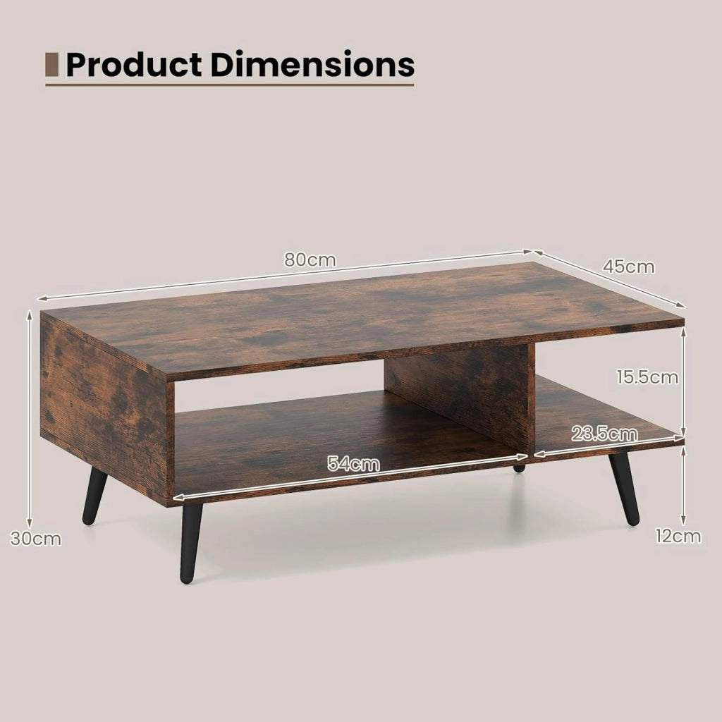 Tavolino da salotto con ripiano aperto, tavolino con gambe in metallo, tavolino da salotto in stile industriale, tavolino da salotto 80 x 45 x 30 cm (marrone rustico