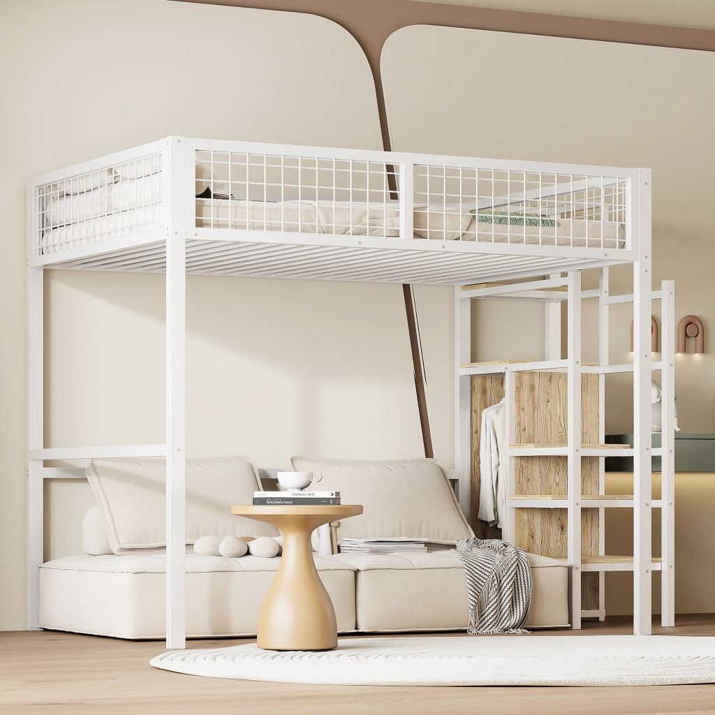 OKWISH Letto a Soppalco 140×200 cm, Letto Matrimoniale con Armadio, Mensole e Scala di Sicurezza, senza Materasso, in Metallo, Bianco