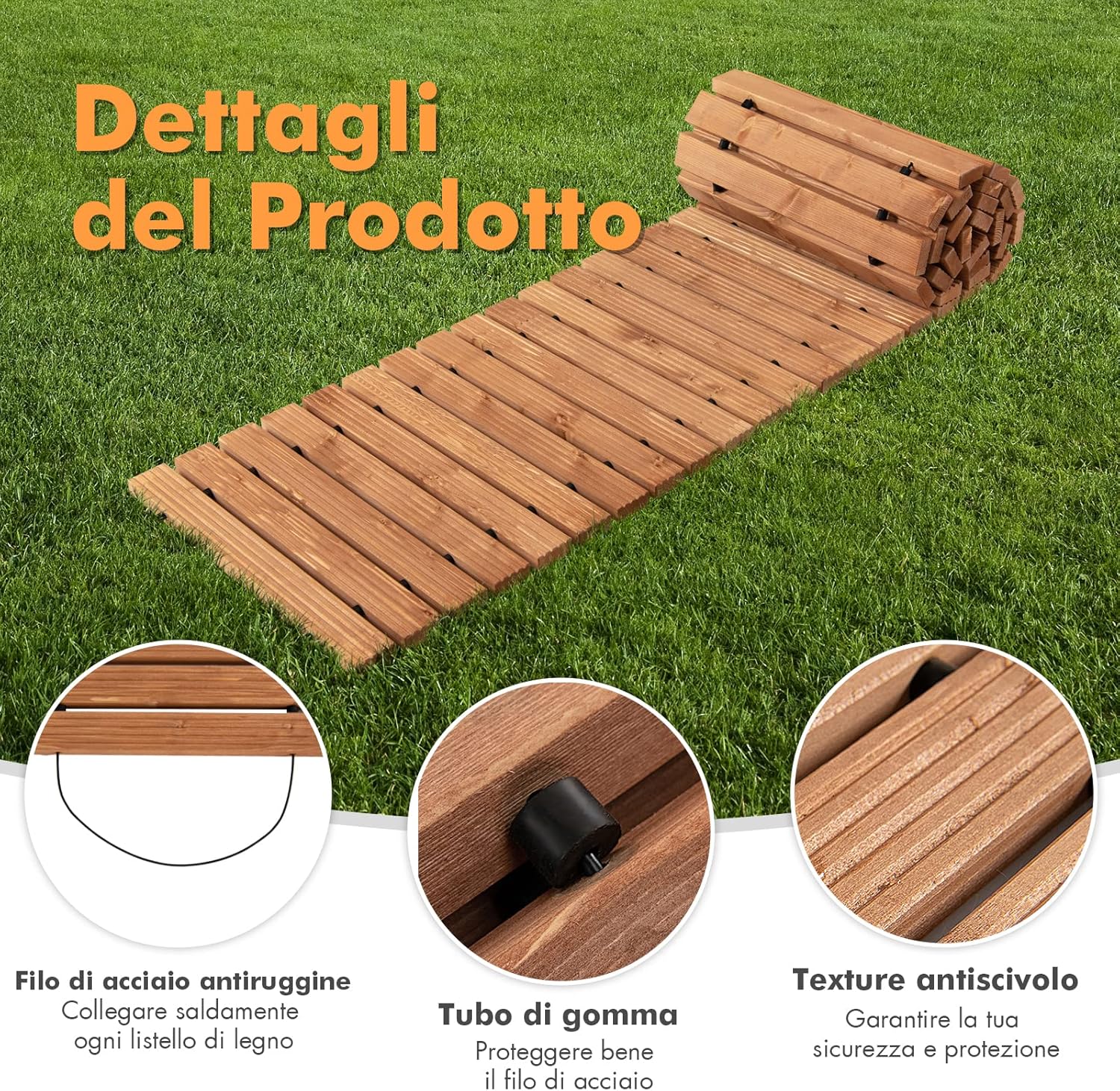 Passerella Arrotolabile per Giardino, Vialetto con Filo di Ferro e Consistenza Antiscivolo Resistente alle Intemperie, Percorso in Legno per Cortile e Spiaggia (245 x 43 x 2 cm)