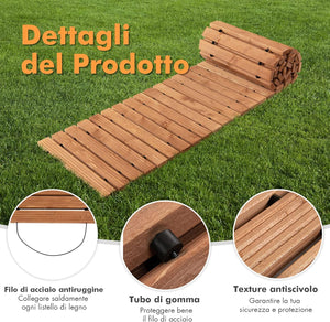 Passerella Arrotolabile per Giardino, Vialetto con Filo di Ferro e Consistenza Antiscivolo Resistente alle Intemperie, Percorso in Legno per Cortile e Spiaggia (245 x 43 x 2 cm)