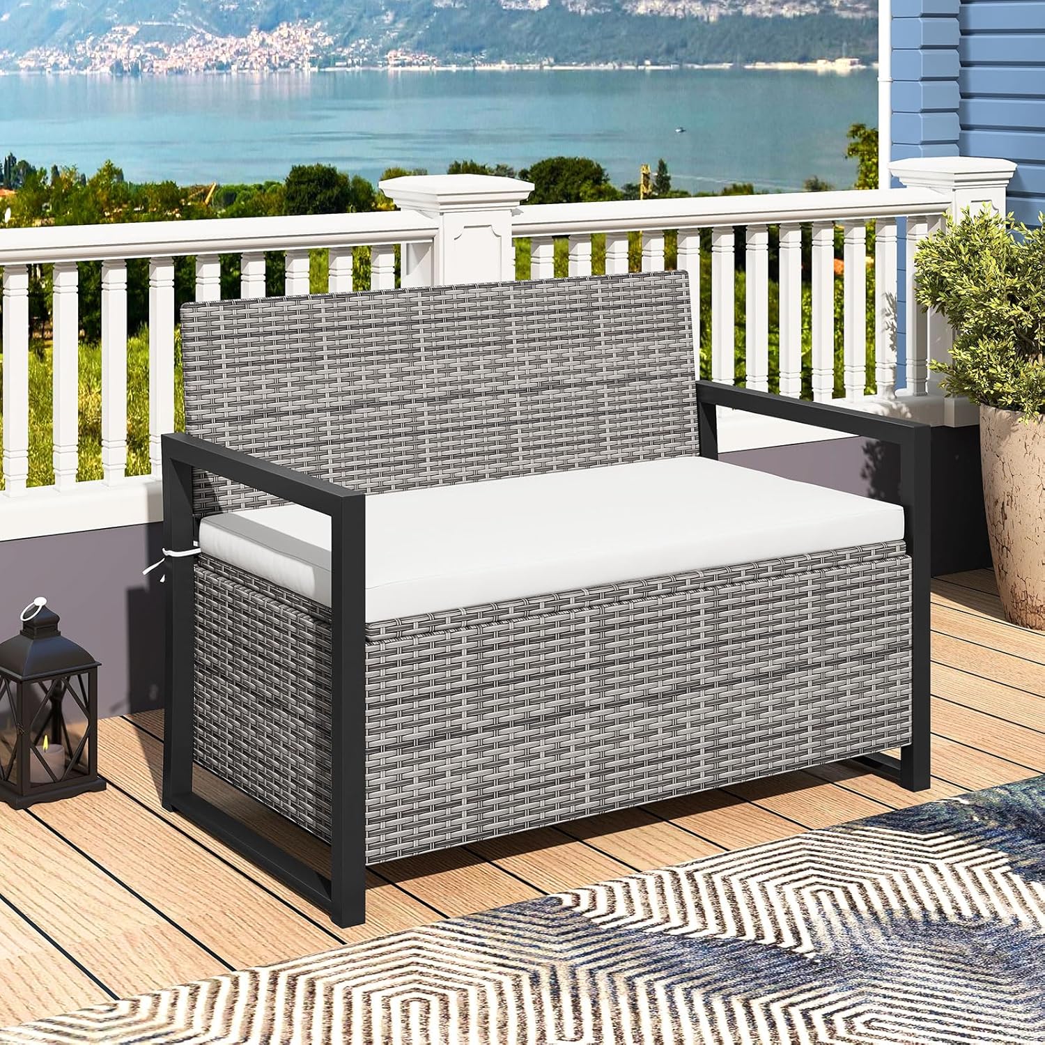 Panchina da Esterno in Rattan PE 117 x 62 x 85 cm, Cassapanca Contenitore da Esterno con Cuscino, Telaio in Metallo, Spazio di Stoccaggio e Fodera Protettiva per Patio, Bordo Piscina e Balcone