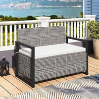 Panchina da Esterno in Rattan PE 117 x 62 x 85 cm, Cassapanca Contenitore da Esterno con Cuscino, Telaio in Metallo, Spazio di Stoccaggio e Fodera Protettiva per Patio, Bordo Piscina e Balcone
