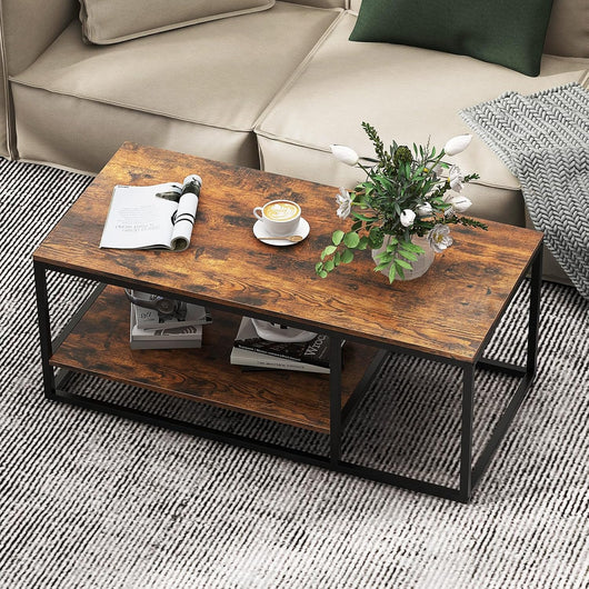 COSTWAY Tavolino da Caffè a 2 Livelli, Tavolino Rettangolare con Mensola e Struttura in Metallo, Tavolino in Legno per Salotto, Ufficio e Studio, Marrone