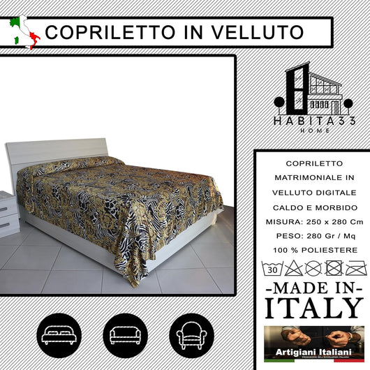Copriletto Matrimoniale Autunno Inverno in Morbido Velluto Digitale, Misure Generose 250x280cm, Manifattura Italiana (Versuseal)