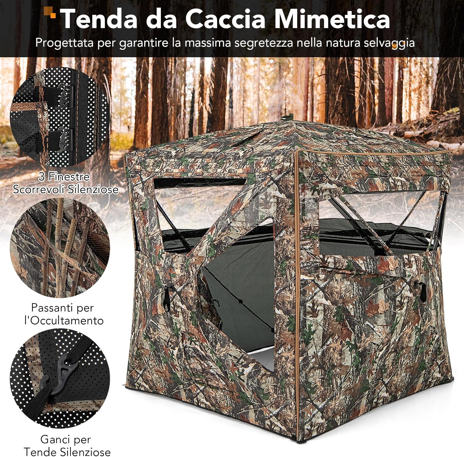 Tenda da Caccia 5 in 1 per 2-3 Persone, Tenda Mimetica a Visione a 360° per Caccia, Tenda Pop-Up Camouflage con Borsa da Trasporto, Attrezzatura Caccia Funzione da Recinto, 148 x 148 x 164 cm