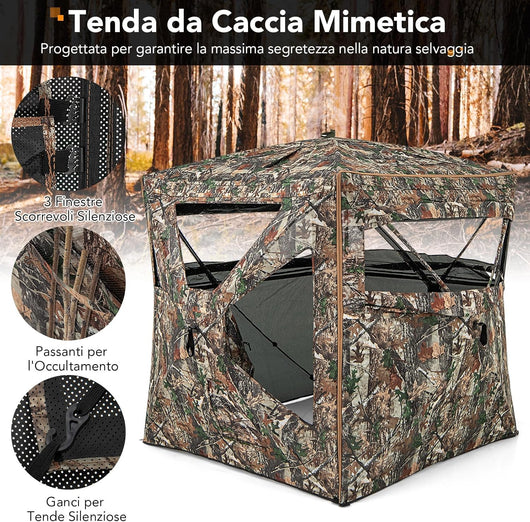 Tenda da Caccia 5 in 1 per 2-3 Persone, Tenda Mimetica a Visione a 360° per Caccia, Tenda Pop-Up Camouflage con Borsa da Trasporto, Attrezzatura Caccia Funzione da Recinto, 148 x 148 x 164 cm