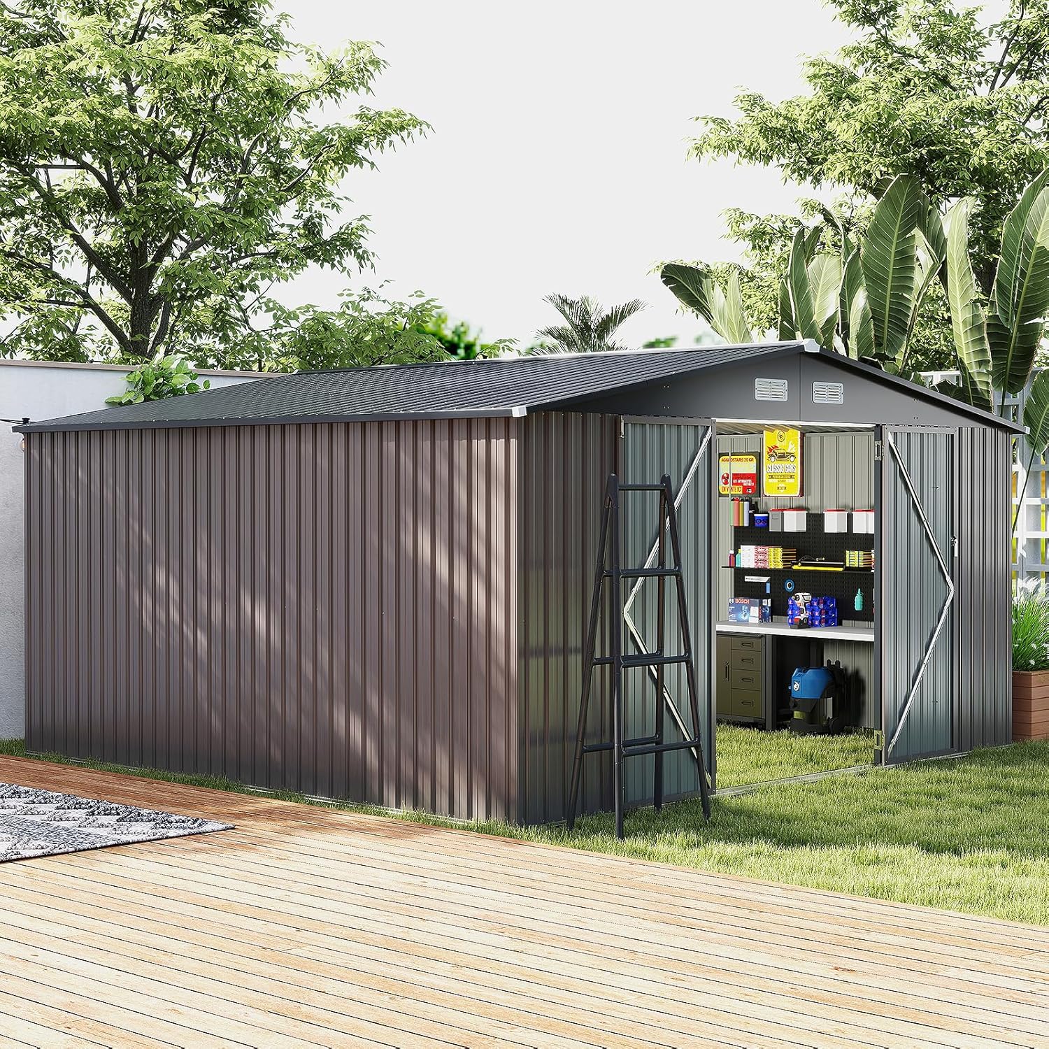 Capanno da Giardino, Casetta Porta Attrezzi con Tetto Inclinato, Porte Bloccabili e Chiavi e 4 Ventilazioni, Organizzatore per Attrezzi da Cortile e Patio, 350 x 350 x 198 cm