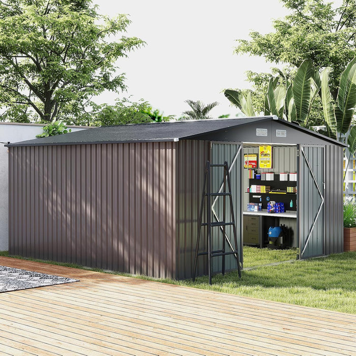 Capanno da Giardino, Casetta Porta Attrezzi con Tetto Inclinato, Porte Bloccabili e Chiavi e 4 Ventilazioni, Organizzatore per Attrezzi da Cortile e Patio, 350 x 350 x 198 cm