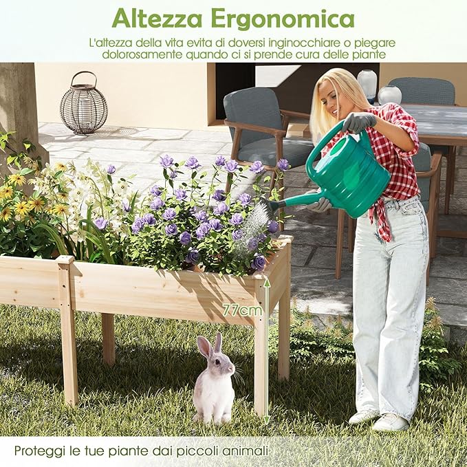 Fioriera da Giardino Rialzata, Letto da Giardino Elevato in Legno con Pannello Divisore, Fori di Drenaggio, Aiuola Rialzata per Piante, Fiori, Erbe e Verdure (Naturale)