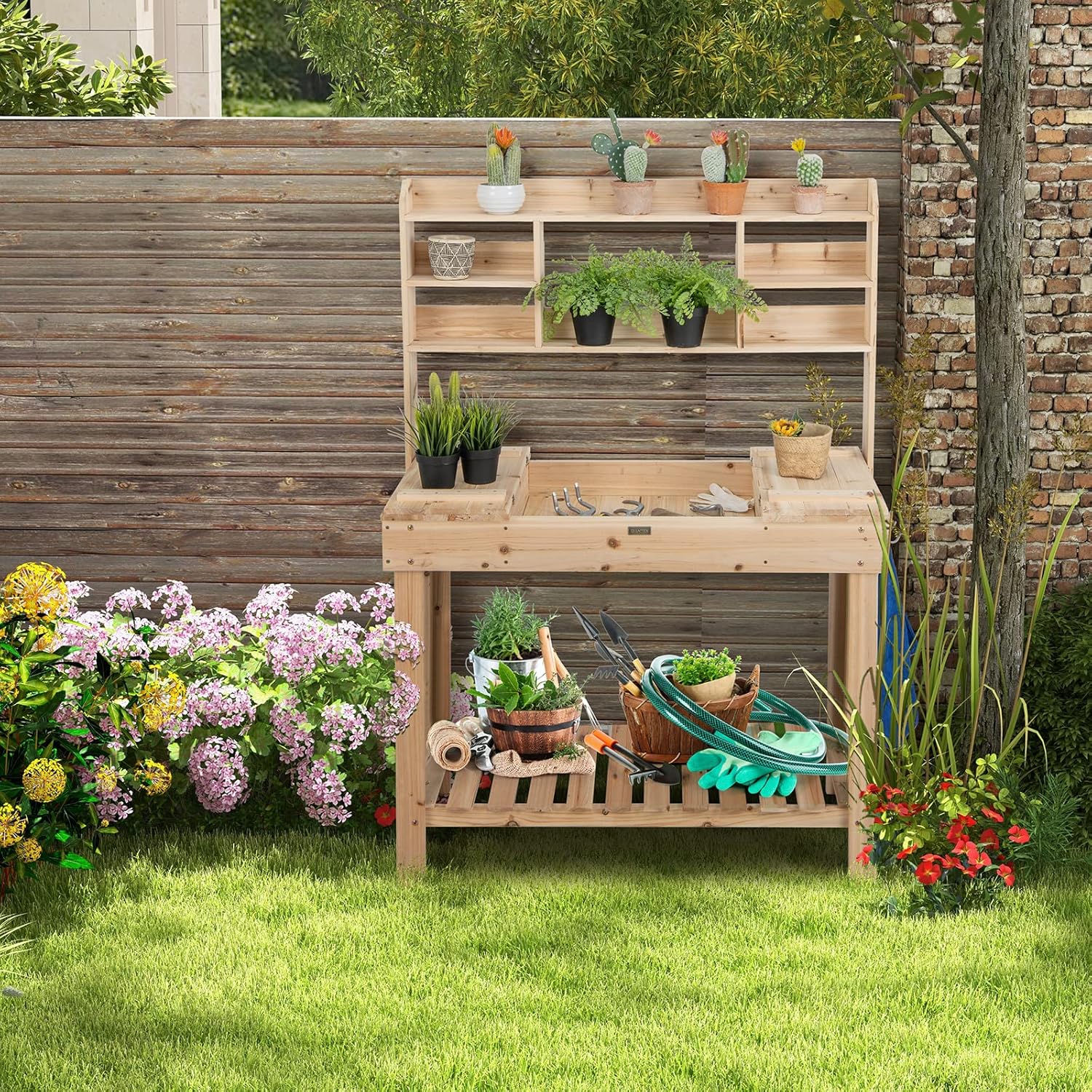 Tavolo da Lavoro per Giardinaggio con Tavolo Apribile, Scaffale, Ganci e Ripiano, Tavolo da Lavoro per Giardino, Patio e Cortile, Portata 151 kg, 110 x 50 x 153 cm