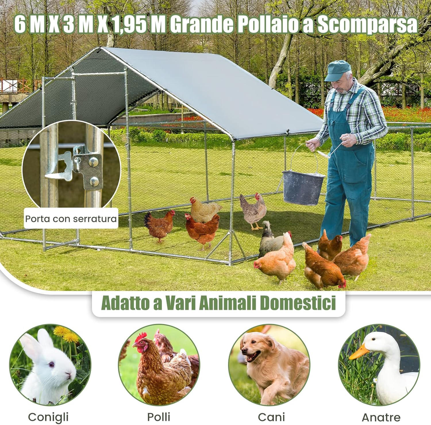 Pollaio per Galline da Esterno 3 x 6 x 1,95 M, Gabbia da Esterno Grande in Acciaio Zincato con Serratura e Tetto Impermeabile e Resistente al Sole, Recinto per Galline e Conigli