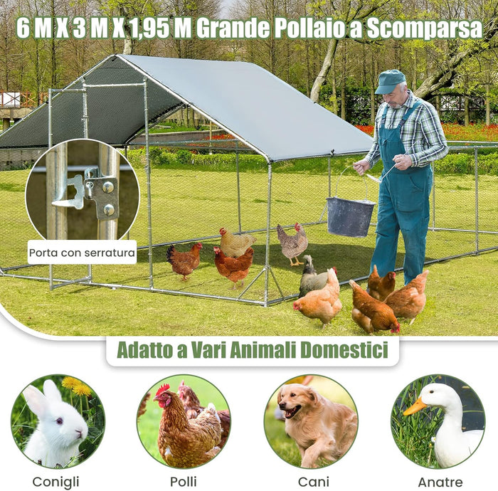 Pollaio per Galline da Esterno 3 x 6 x 1,95 M, Gabbia da Esterno Grande in Acciaio Zincato con Serratura e Tetto Impermeabile e Resistente al Sole, Recinto per Galline e Conigli
