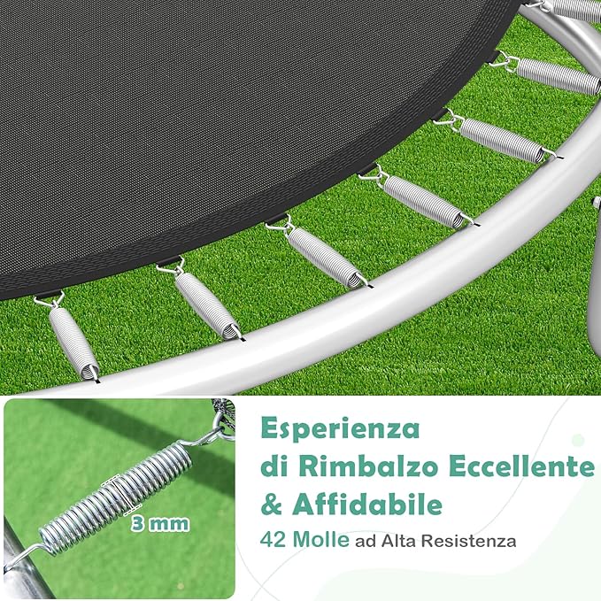Trampolino Elastico per Bambini e Adulti 244 cm/305 cm/366 cm, Tappeto Elastico da Esterno con Rete di Sicurezza, Scala e Telaio in Acciaio Zincato Antiruggine