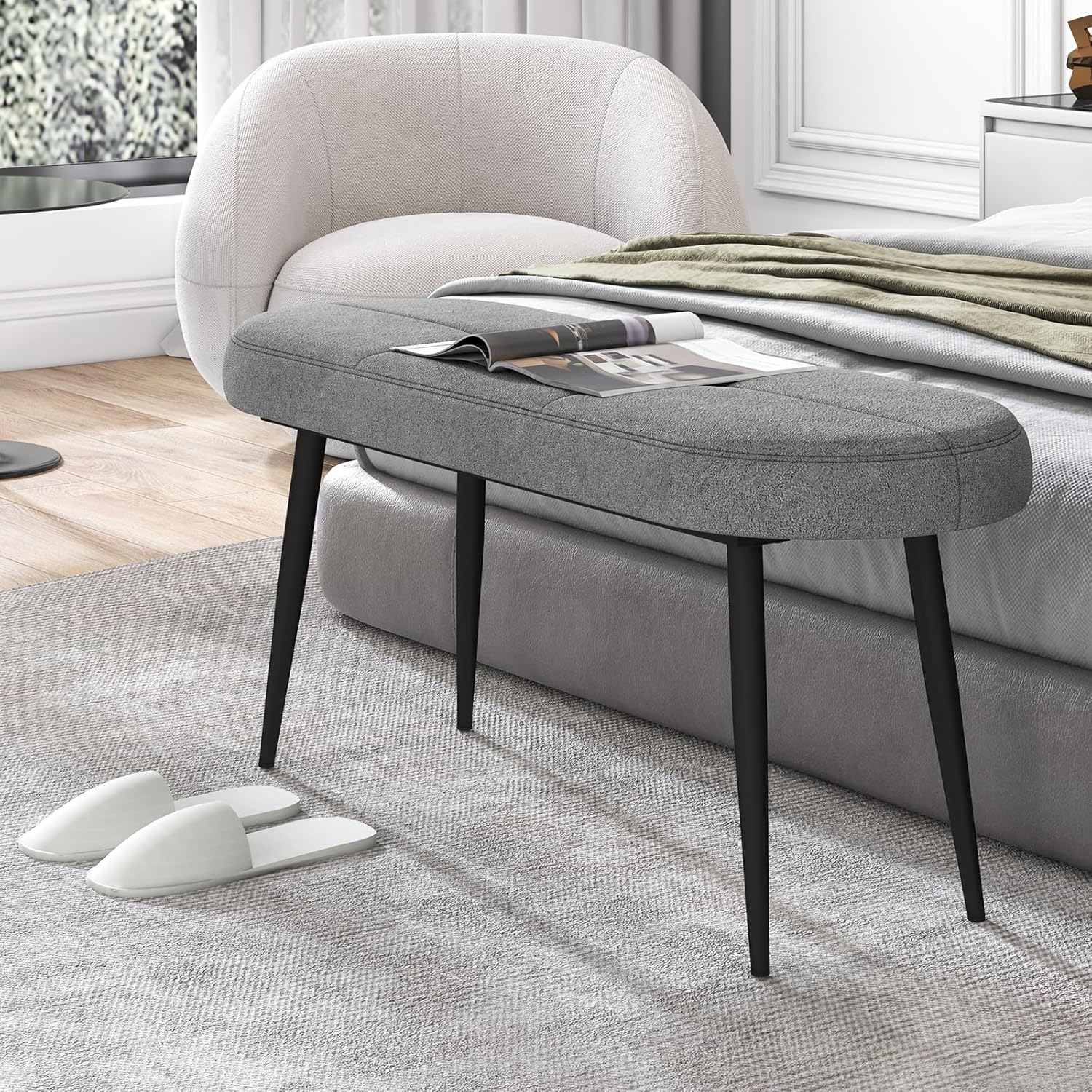Panca Scarpiera da 113 cm, Panca da Ingresso con Cuscino Imbottito in Spugna e Gambe Metalliche Solide, Panca Fondo Letto per Soggiorno Camera da Letto, Carico 300 kg (Grigio)