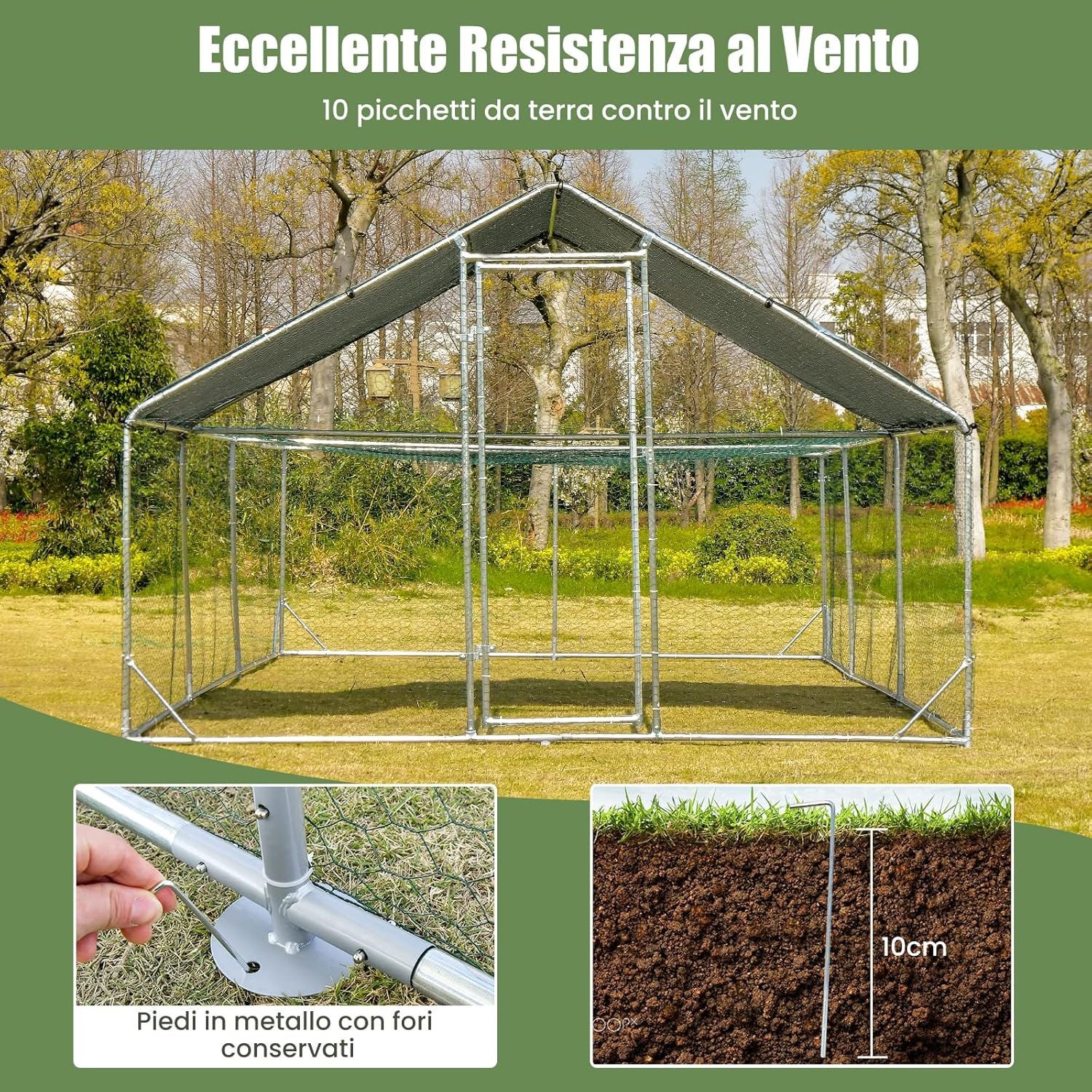 Pollaio per Galline da Esterno 3 x 6 x 1,95 M, Gabbia da Esterno Grande in Acciaio Zincato con Serratura e Tetto Impermeabile e Resistente al Sole, Recinto per Galline e Conigli