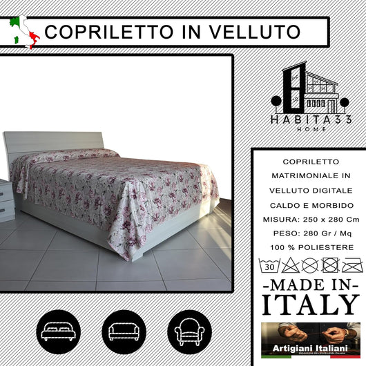 Copriletto Matrimoniale Autunno Inverno in Morbido Velluto Digitale, Misure Generose 250x280cm, Manifattura Italiana (Flowering)
