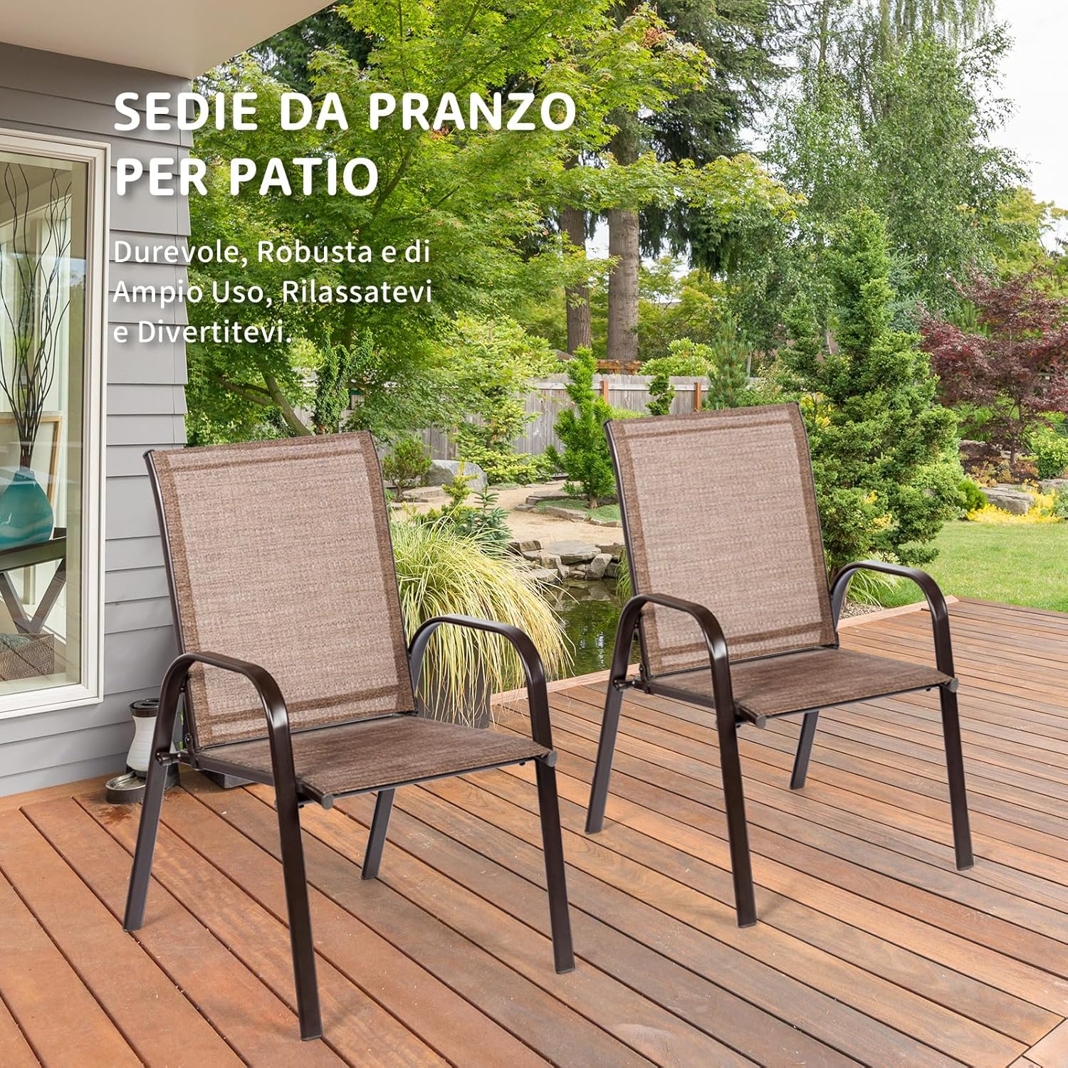 Set di 2 Sedie da Giardino, Sedie da Giardino per Patio in Textilene, con Braccioli Curvi, Telaio in Metallo, Sedia da Bistrot Portata 200 kg, Per Giardino Patio, 56 x 72 x 90 cm (Marrone)