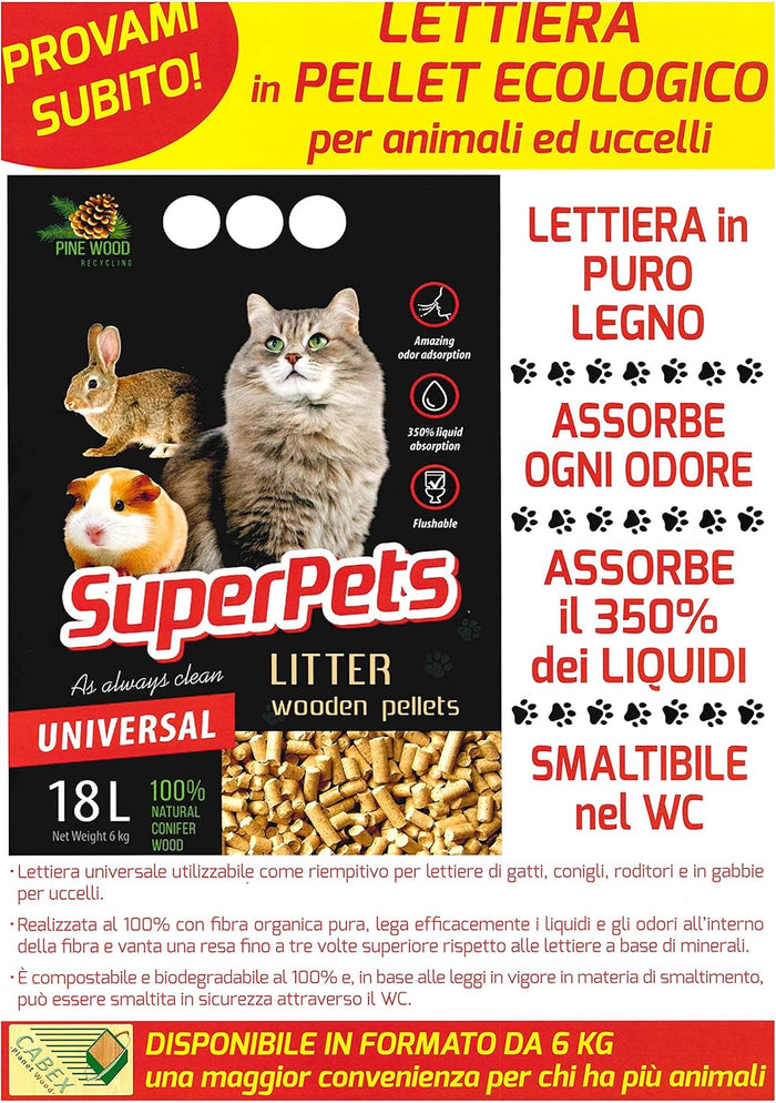 Lettiera Biologica in Pellet Ecologico per Animali Domestici e Uccelli SuperPets Universale  N° 2 - 18L. 12Kg
