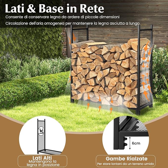 Porta Legna 121 x 38 x 117 CM, Scaffale per Legna Rosbuto con Lati a Rete, Motivi Cervo e Albero, Portalegna da Ardere per Interni ed Esterni, Nero