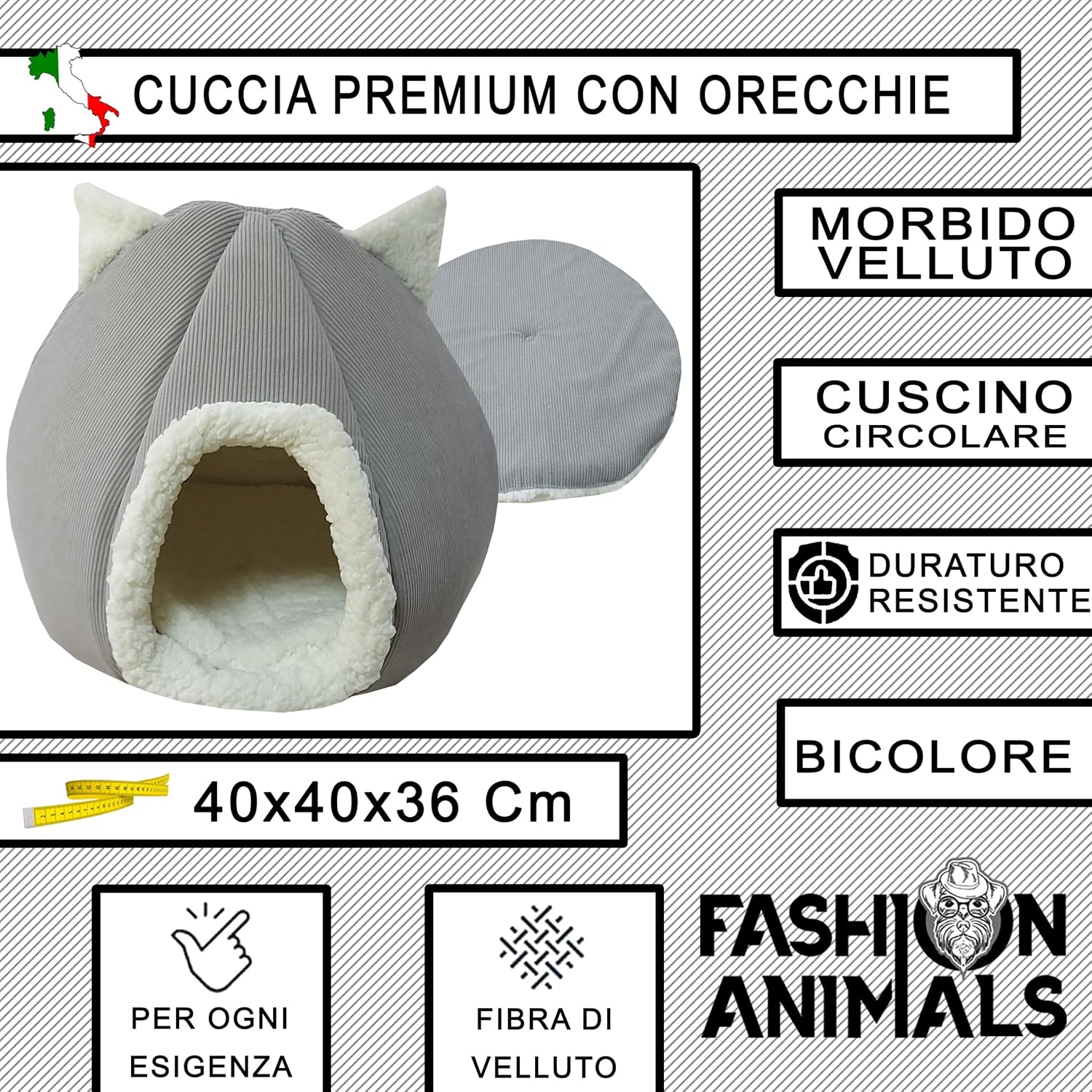 Cuccia Premium per cani e gatti - Letto morbido e confortevole - Base antiscivolo - Resistente e Facile da lavare (with ears-Grigio)