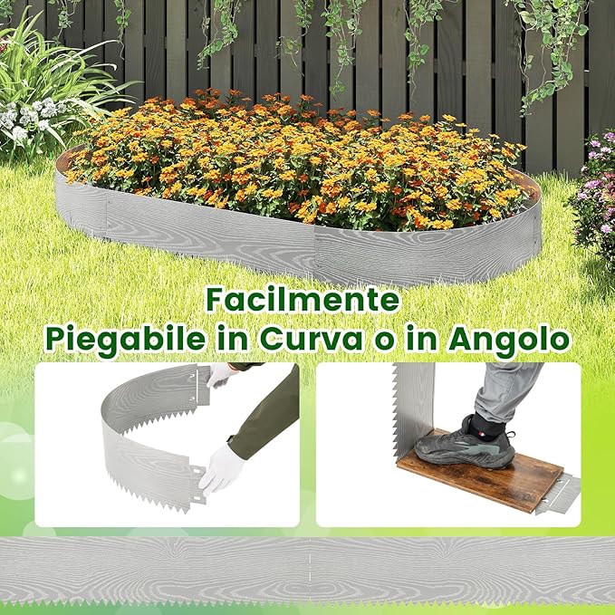 Bordatura da Giardino 6 M, Set di 6 Bordi per Aiuola 110 x 22 cm in Metallo Zincato con Paio di Guanti, Recinzione Flessibile per Prato, Cortile e Giardino