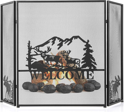 Parascintille per Camino 132 x 79 cm, Paraschizzi Camino Pieghevole a 3 Pannelli con Motivo Bello, Barriera Protettiva Robusta in Metallo per Camino (Stile 1)