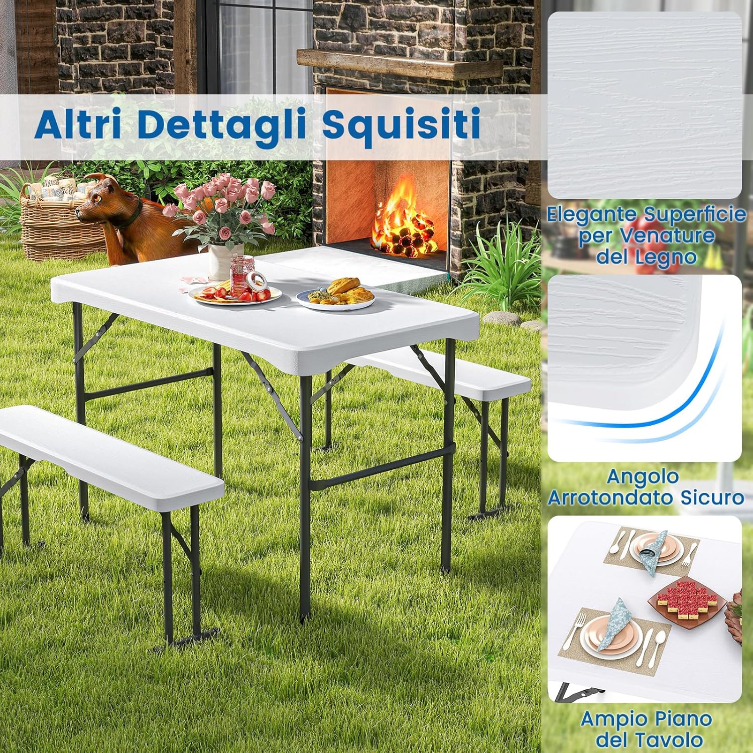 Tavolo e Sedie da Giardino, Set Tavolo da Picnic Pieghevole con 2 Panchine, Piano in HDPE, Struttura in Metallo, Tavolo da Picnic per 4 Persone, 108 x 60 x 70 cm