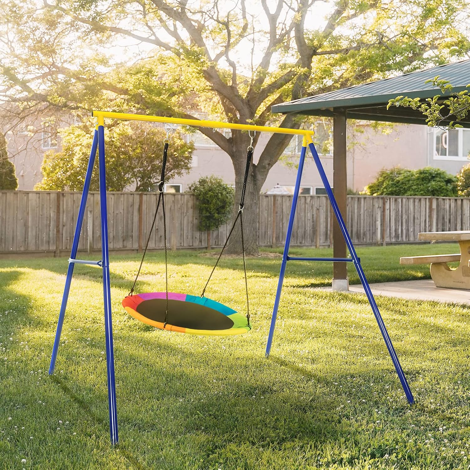 Struttura di Metallo per Altalena, Struttura ad A Resistente per Altalena, con Paletti e 2 Modi per Appenderla, Capacità di Peso 200kg, Ideale per Attività Interne ed Esterne (Blu e Giallo)