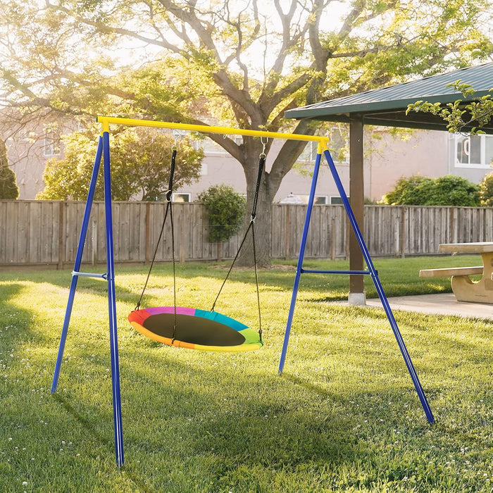 Struttura di Metallo per Altalena, Struttura ad A Resistente per Altalena, con Paletti e 2 Modi per Appenderla, Capacità di Peso 200kg, Ideale per Attività Interne ed Esterne (Blu e Giallo)