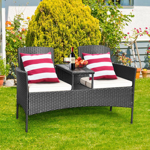 Poltrona da Patio con Tavolo in Vetro Temprato, Set di Mobili in Rattan PE Resistente All’usura con Struttura in Metallo, Cuscini Spessi, per Esterni Giardino Piscina Cortile (Bianco)
