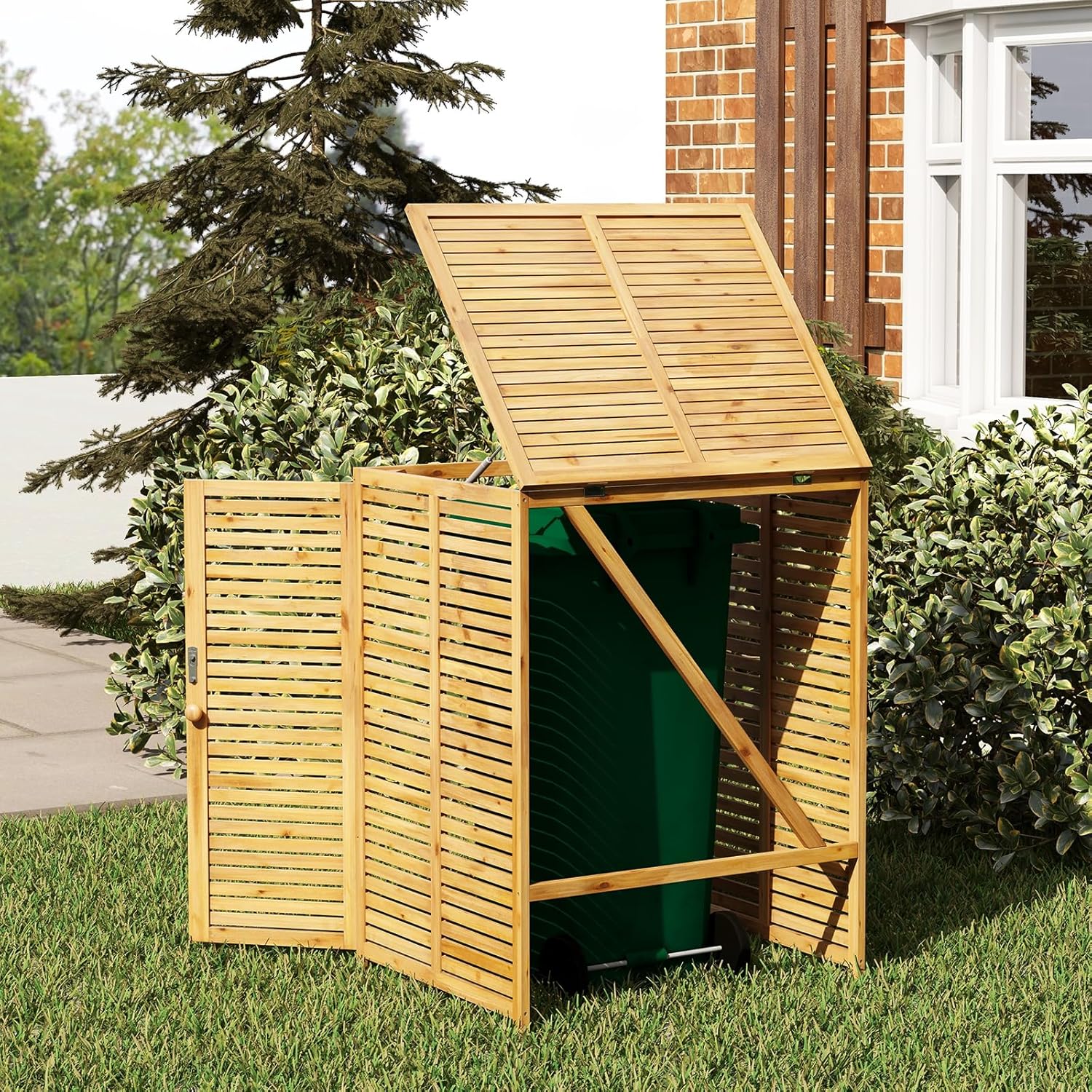 Box Portabidone dei Rifiuti in Legno 120L, Copribidone per Spazzatura con Coperchio Apribile, Doppia Porta e Serratura, Contenitore per Pattumiera da Giardino, Cortile e Terrazza