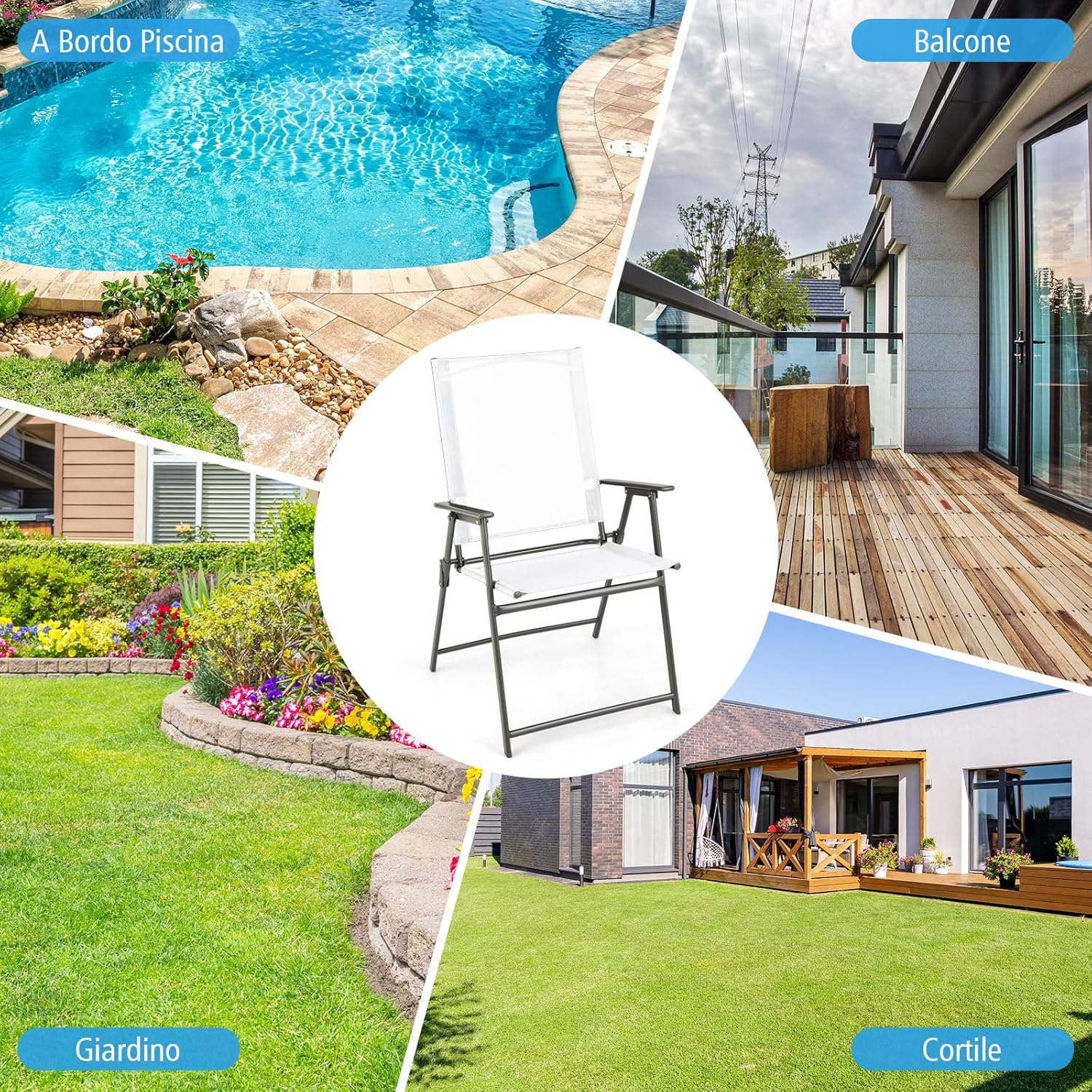 Set di 2/4 Sedie Pieghevoli da Giardino in Textilene, Sedie da Esterno con Schienale Alto, Poltrona Portatile per Giardino Campeggio Patio, Portata 150 kg (4, Bianco, 62 x 58 x 96 cm)