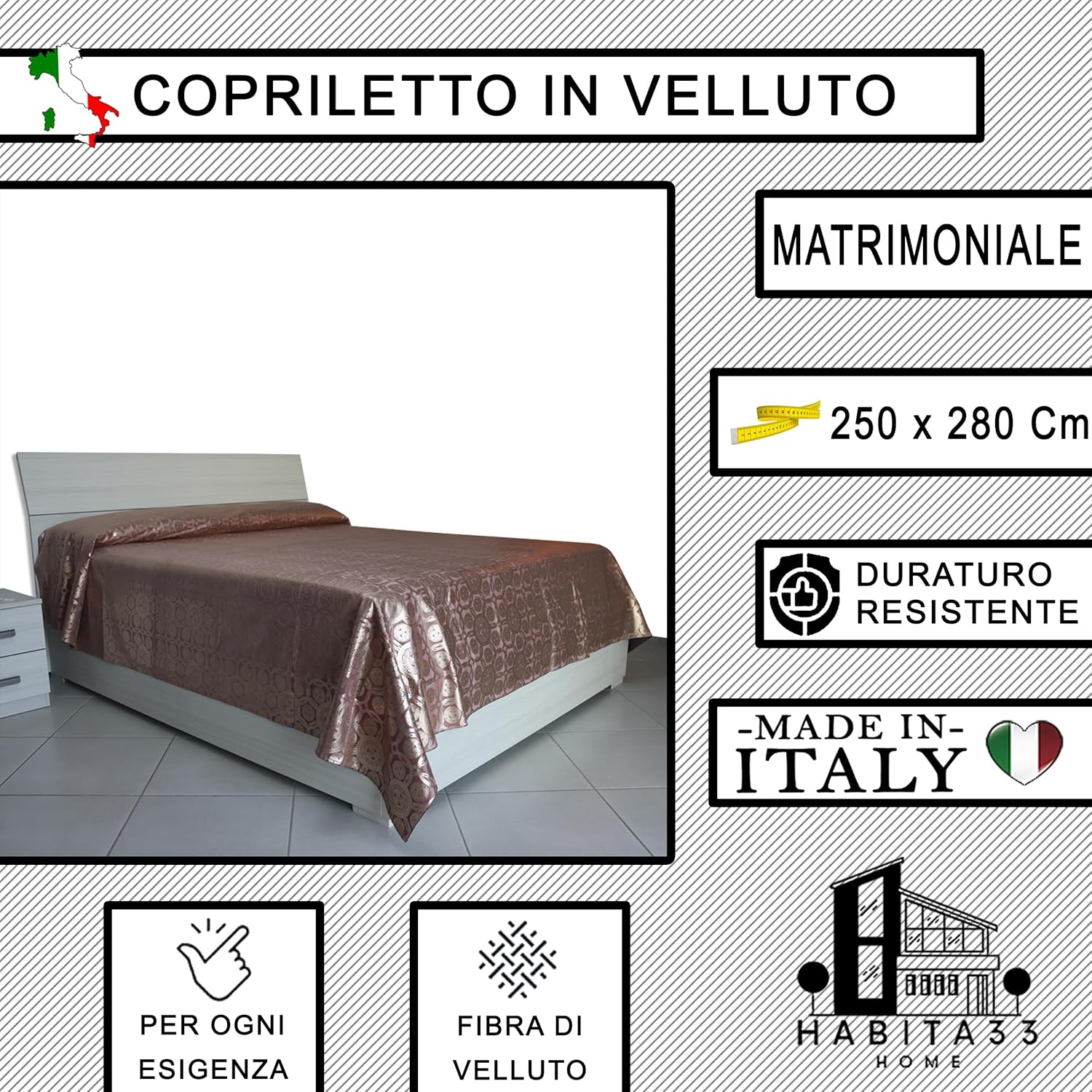 Copriletto Matrimoniale Autunno Inverno in Morbido Velluto Digitale, Misure Generose 250x280cm, Manifattura Italiana (Foil Rosa)