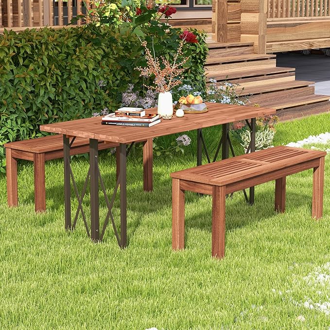 Panchina da Giardino 100 x 30,5 x 47cm, Set di Panca in Legno Massello da Esterno con Sedile a Doghe e Robusto Telaio, Arredo per Balcone e Ingresso, Naturale (1)