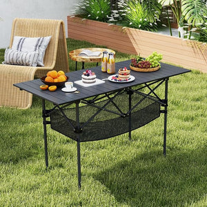Tavolo da Campeggio Pieghevole, Tavolo da Picnic Portatile con Piano in Alluminio Arrotolabile, Cestello in Rete, Borsa da Trasporto per Giardino Spiaggia Pesca, Portata 100 kg (Nero)