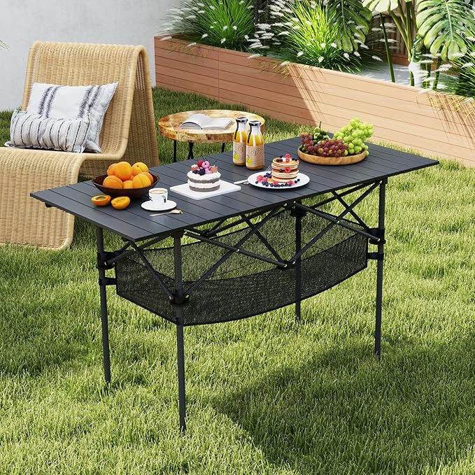 Tavolo da Campeggio Pieghevole, Tavolo da Picnic Portatile con Piano in Alluminio Arrotolabile, Cestello in Rete, Borsa da Trasporto per Giardino Spiaggia Pesca, Portata 100 kg (Nero)