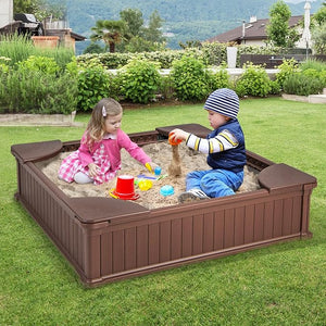 Sabbiera per Bambini, Sabbiera da Cortile con 4 Sedute Angolari e Copertura in Oxford, per Cortile Spiaggia Prato, 123,5 x 123,5 x 31,5 cm (Marrone)