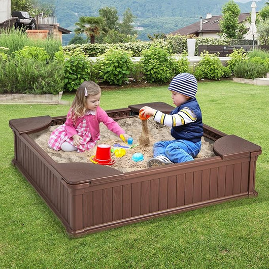 Sabbiera per Bambini, Sabbiera da Cortile con 4 Sedute Angolari e Copertura in Oxford, per Cortile Spiaggia Prato, 123,5 x 123,5 x 31,5 cm (Marrone)