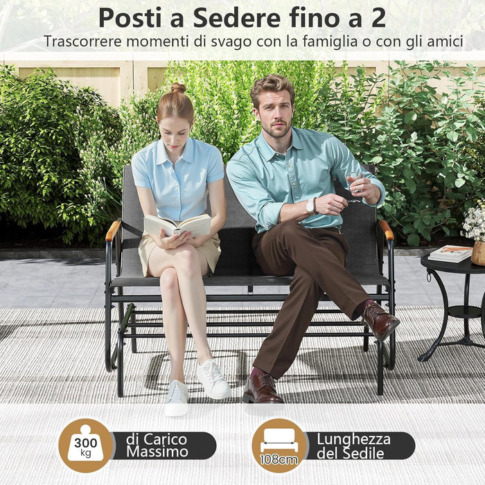 Panca a Dondolo da Esterno, Panchina a 2/3 Posti da Giardino con Movimento Oscillante, Braccioli Curvi in Legno, Sedia a Dondolo per Veranda, Giardino, Portata 300KG/450KG (2 Posti)