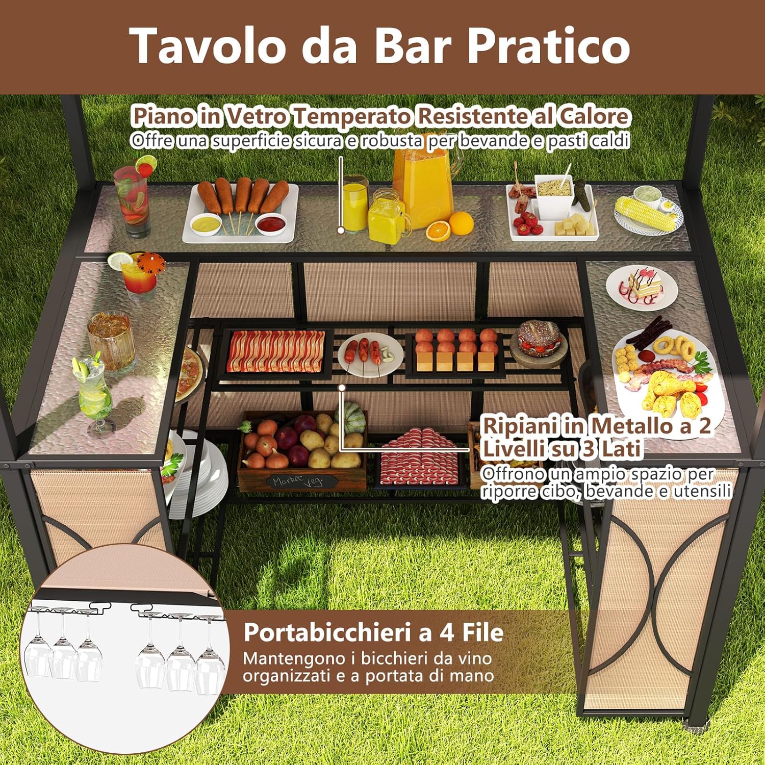 Set Bar da Patio a 3 Pezzi, Gazebo per Griglia e 2 Sgabelli da Bar con Tavolo in Vetro Temperato, Ripiani in Metallo, Portabicchieri, per Giardino Cortile e Spiaggia (Marrone)